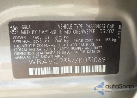 2007 BMW 328Xi из США, поврежденный, VIN WBAVC93577K031069